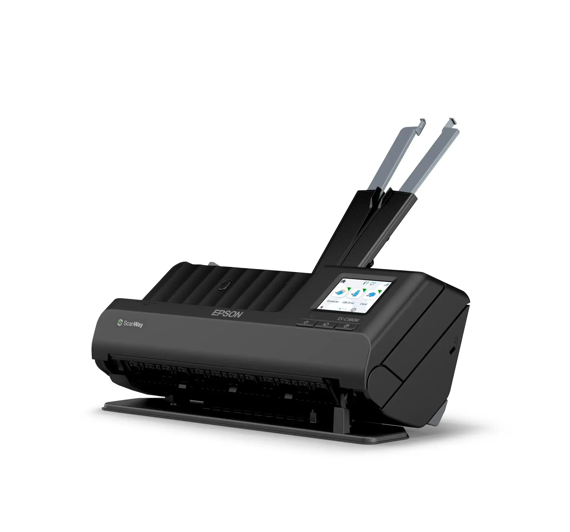 06-fn-b-straight-path-position_4gh2 Epson ES-C380W A4 Compact Network Scanner; Scan passports, receipts, invoices, cards and more. A3 stitching (without carrier sheet), Punch holes removal, Advanced editing, Automatic de-skew, Auto-rotation, Text enhancement, Edge fill, Unsharp Mask (USM); A4, Mobile Scanner, 1,200 DPI X 1,200 DPI (Horizontal x Vertical), Mono 30ppm / Colour 30ppm, 20 sheets, 3500 page Daily Duty Cycle, 52g-230g Media, USB 2.0, Wireless LAN IEEE 802.11a/b/g/n, Wi-Fi Direct, Single-Pass Dual-Scanning. What's the box: CD Manual, Main Unit, Power Cable, USB Cable, User Guide. Warranty 1 Year carry-in - Image 1