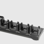 Four-slot charge-only cradle for MC3300 / MC3300x / MC3300ax; MC3400 / MC3450 devices and their four spare batteries. Sold separately: Power Supply (PWR-BGA12V108W0WW), DC cable (CBL-DC-381A1-01), and country-specific AC line cord.
