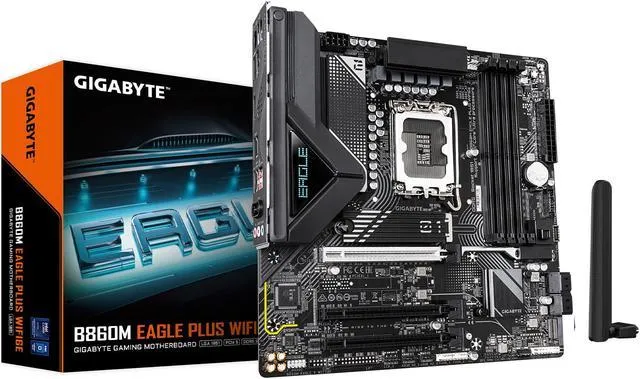 GIGABYTE B860M EAGLE - B860 Express Chipset: Socket LGA1851, Supports Intel Core Ultra Processors Memory : 4x Dual Channel DDR5 DIMM Slots (256GB Max ) Expansion Slots : 1x PCI-Express 5.0 (x16 Speed), 2x PCI-Express 4.0 (x4 Speed) Storage and USB : 4x SATA 6 Gb/s connection, 1x M.2 Gen5, 1x M.2 Gen4, 5x USB 3.2 (3x Back), 7x USB 2.0 Ports (4x Back), 1x USB-C Misc WIFI a, b, g, n, ac, ax, supporting 2.4/5/6 GHz , BLUETOOTH 5.3 Rear IO Panel Display Ports Available: 2x DP, 1x HDMI