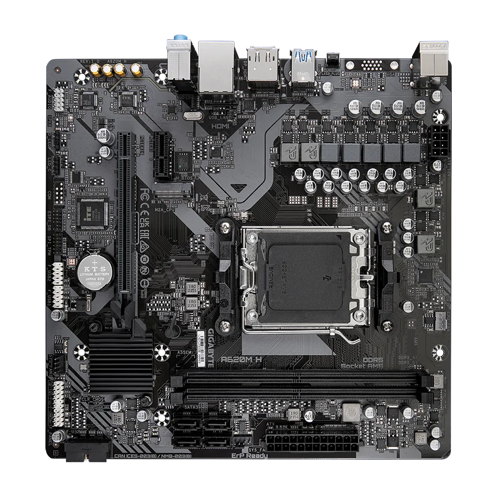 16aeaa50683f8344c895676d7a5d2eac GIGABYTE A620M H - AMD A620 Chipset: Socket AM5, Supports 7000 series AMD Ryzen™ Processors Memory : 2x Dual Channel DDR5 DIMM Slots (128GB Max / 6400MHz Supported Expansion Slots : 1x PCI-Express 4.0 (x16 Speed), 1x PCI-Express 3.0 (x1 Speed) Storage and USB : 4x SATA 3 (6 Gb/s), 1x M.2 Socket 3 Connector, 4 x USB 3.2 Gen 1 (2x Back, 2x Cable), 8x USB 2.0 (4x Back, 4xCable) Misc. : 7.1 Channel High Definition Audio, 1x Realtek® GbE LAN chip (1 Gbps/100 Mbps/10 Mbps) Rear IO Panel Display Ports Available: 1x DP, 1x HDMI - Image 1