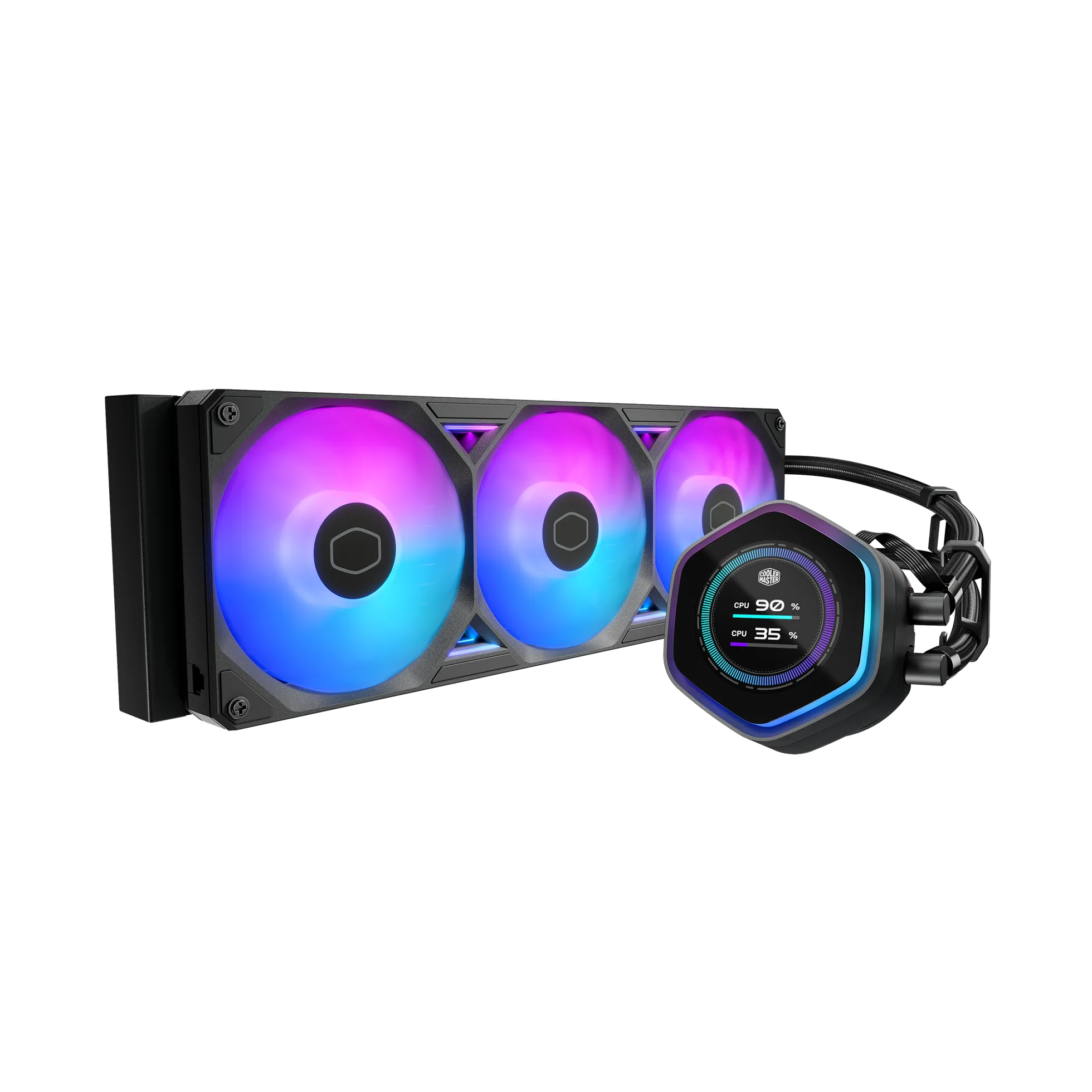 18e897306393d4d610c2441af88c208aa0f29443 Cooler Master Atmos II;360mm Radiator; Fits all AMD and Intel sockets; VRM fan module; 3 x120mm Sickleflow edge ARGB fans; Black - Image 1