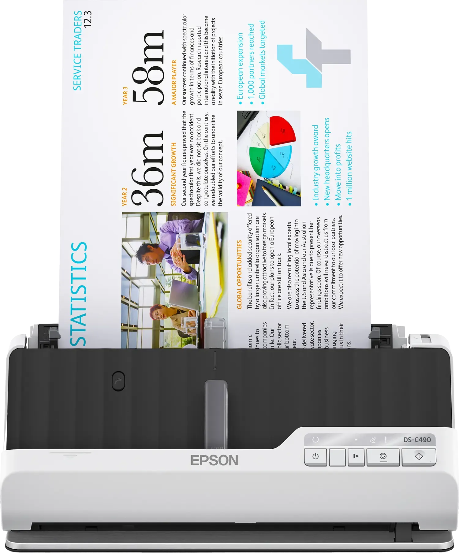 Epson DS-C490 Premium Compact Scanner; Ultra-compact - Smallest footprint, even while in use; Versatile - Scan passports, receipts, invoices, cards and more; Two-in-one - U-turn pass and straight pass give you two scanners in one; Lower environmental impact - Made with up to 30% recycled plastic; Document Capture Pro - Powerful document capture software included; RGB colour dropout, Skip blank page, A3 stitching (without carrier sheet), Punch holes removal, Advanced editing, Automatic de-skew, Auto-rotation, Text enhancement, Edge fill, Unsharp Mask (USM); Warranty 1 Year carry-in