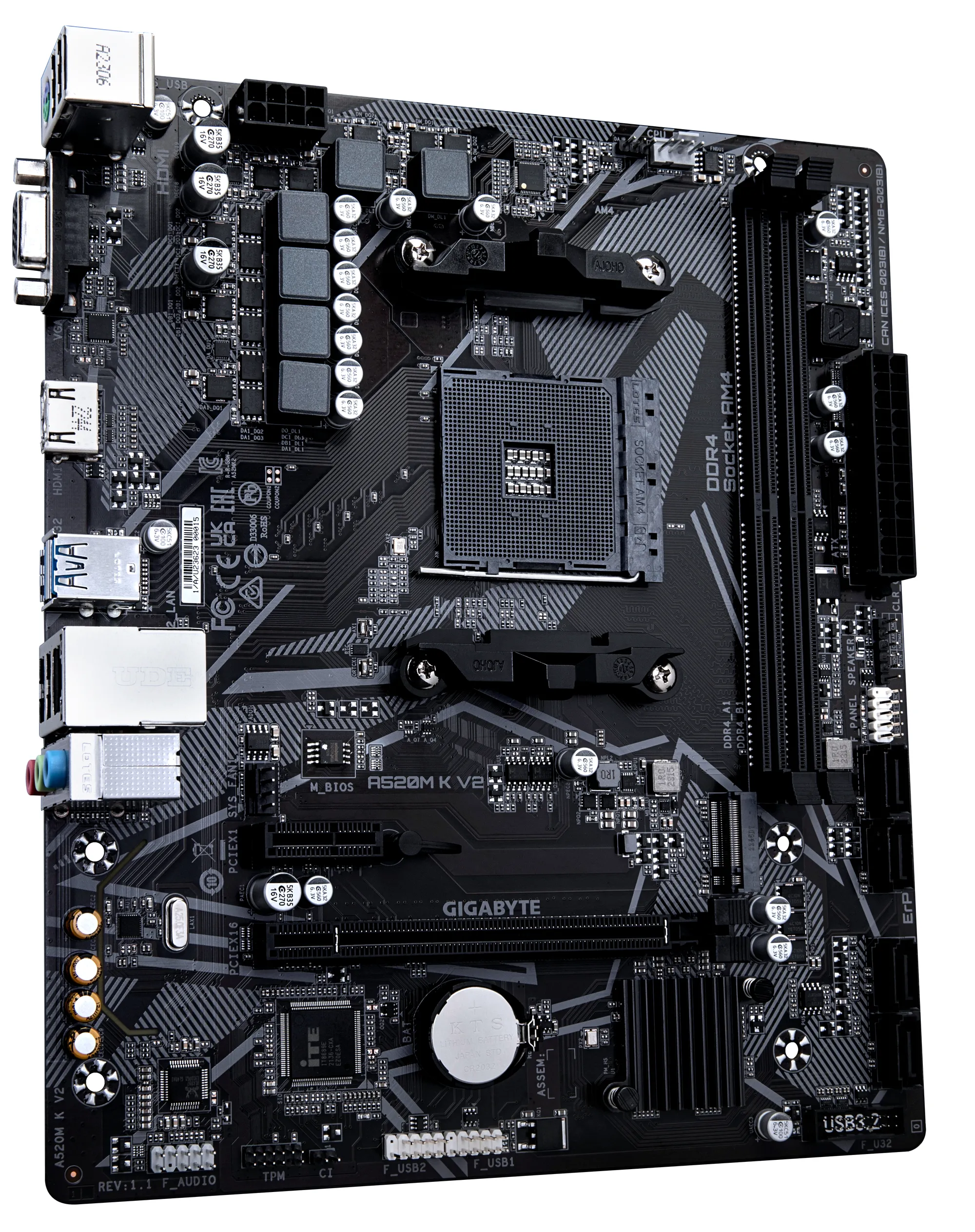 GIGABYTE A520M-K - AMD A520 Chipset: AMD Socket AM4, support for: AMD Ryzen™ 5000 G-Series Processors/ AMD Ryzen™ 5000 Series Processors/ AMD Ryzen™ 4000 G-Series Processors/ AMD Ryzen™ 3000 and Ryzen™ 3000 G-Series Processors Memory : 2x Dual Channel DDR4 DIMM Slots (64GB Max / 5100MHz Supported Expansion Slots : 1x PCI-Express 3.0 (x16 Speed), 1x PCI-Express 3.0 (x1 Speed) Storage and USB : 4x SATA 3 (6 Gb/s), 1x M.2 Socket 3 Connector, 6 x USB 3.2 Gen 1 (4x Back, 2x Cable), 6x USB 2.0 (2x Back, 4xCable) Misc. : 7.1 Channel High Definition Audio, 1x Realtek GBE Lan (10/100/1000) Rear IO Panel Display Ports Available: 1x VGA, 1x HDMI