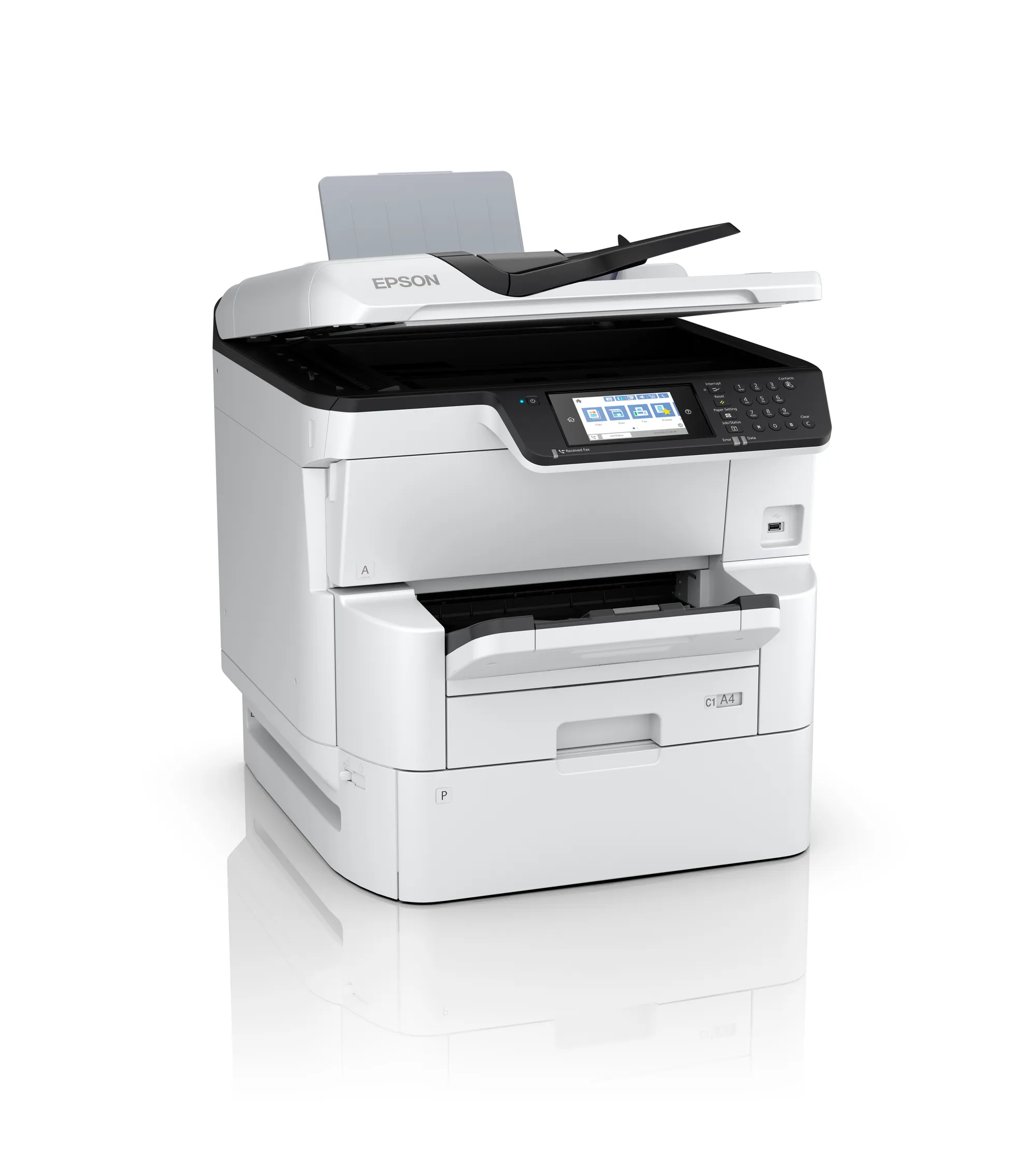 77907257_7838045277 Epson WorkForce Pro WF-C878RDWF Colour A3 MFP; 35ppm Mono 35ppm Colour (ISO 25ppm Mono, 24ppm Colour) A3 Print Scan copy Fax USB/USBHost Auto Duplex Wi-Fi/Wi-FiDirect Ethernet. First Page Out: Mono 6 seconds Colour 6.5 seconds, Max Printing Volume 75k p/M, Recommended Printing Volume 10k p/M, Compatible Paper Weight 64 g/m² - 300 g/m², Max Paper Input 1835 DOES NOT USE XXL INKS. Warranty 1 year on-site Consumables: C13T05A100 XL Black, C13T05A200 XL Cyan, C13T05A300 XL Magenta, C13T05A400 XL Yellow, C13T671400 Maintenance Box - NO INKS INCLUDED - Image 1