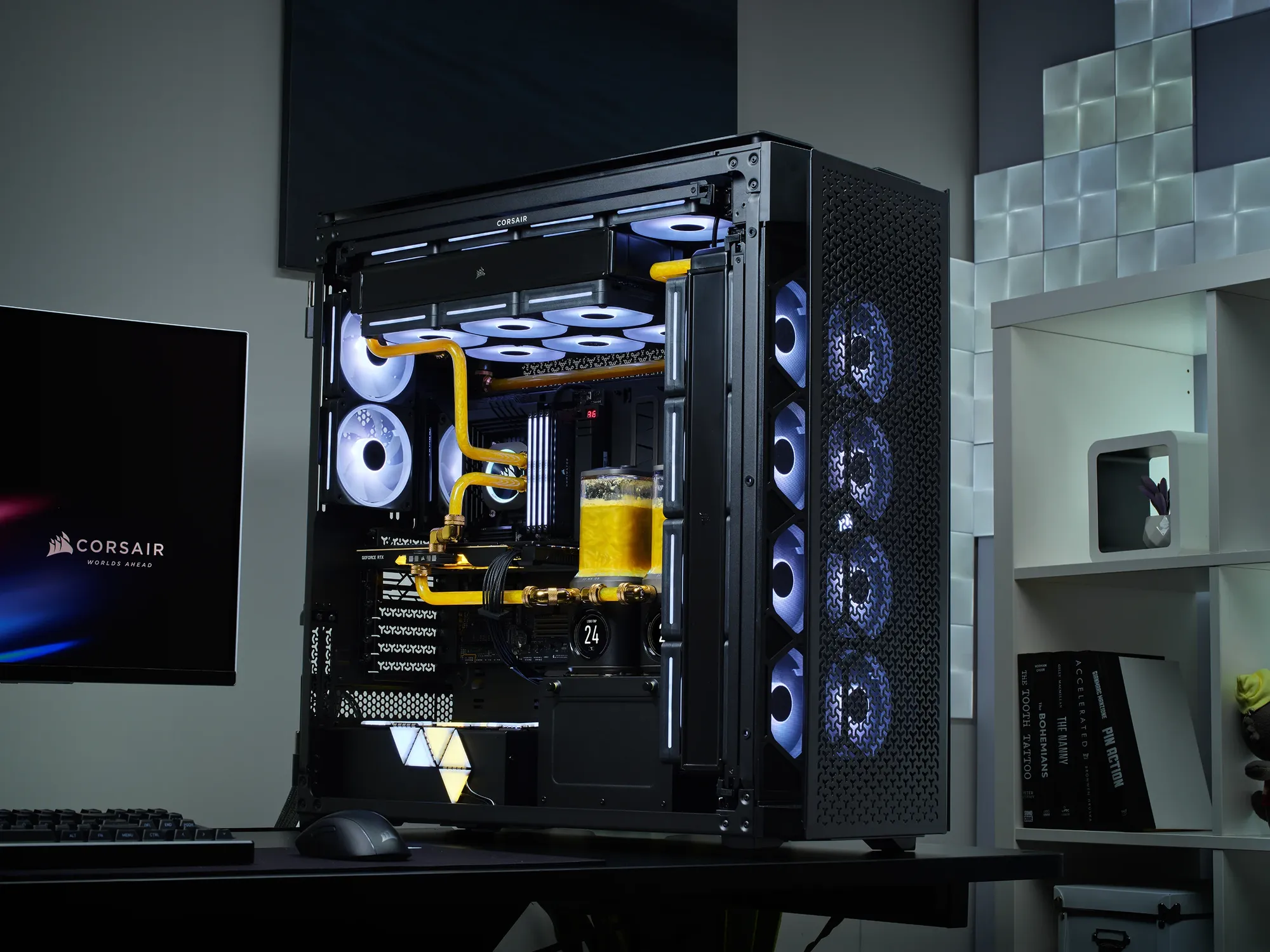 7bb49e38a7d716fc787c14545bb5a048d77059af CORSAIR 9000D RGB AIRFLOW Super Full-Tower PC Case 2x 3.5" HDDs and up to 6x 2.5" SSD Fan layout: Front: 8x 120mm, 3x 140mm, 2x 200mm, Top: 8x 120mm, 3x 140mm, 2x 200mm, Rear: 2x 120mm, 1x 140mm, Side: 3x 120mm (No fans Incl) (2x) USB 3.2 Gen 2 Type C, (4x) USB 3.2 Gen 1 Type A, (1x) Audio in/out Mini-ITX, Micro-ATX, ATX, E-ATX, SSI-EE Colour: Black - Image 1