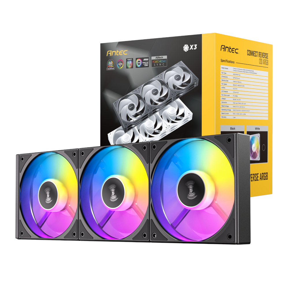 C120R-ARGB-3PK-BK_wr_01 Antec CONNECT PWM 120mm ARGB Reverse Case Fan 3 Pack Black - Image 1