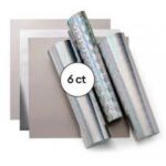 2009604 - Cricut Holographic Vinyl, Silver Sampler - Permanent (6 ct) 30.5x30.5cm; 3 sheets 12 in x 12 in (30.5 cm x 30.5 cm) in Holographic Sparkle Silver, Holographic Threads Silver, Holographic Crystals Silver; 3 sheets Adhesive Foil in Matte Silver, Metallic Silver, Stainless Silver; Easy to weed, effortless to apply