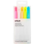 2009849 - Cricut 5 medium point 1.0 mm opaque pens in pink, white, orange, yellow, and blue; Highly opaque ink shows up well on light and dark materials; Embellish projects with personal notes or drawings using your Cricut® cutting machine; Ideal for paper crafts, cards, labels, invitations, or adding a "handwritten" message; For Cricut Maker® and Cricut Explore® machines; Water-based, acid-free, nontoxic, permanent after dry; conforms to ASTM D-4236