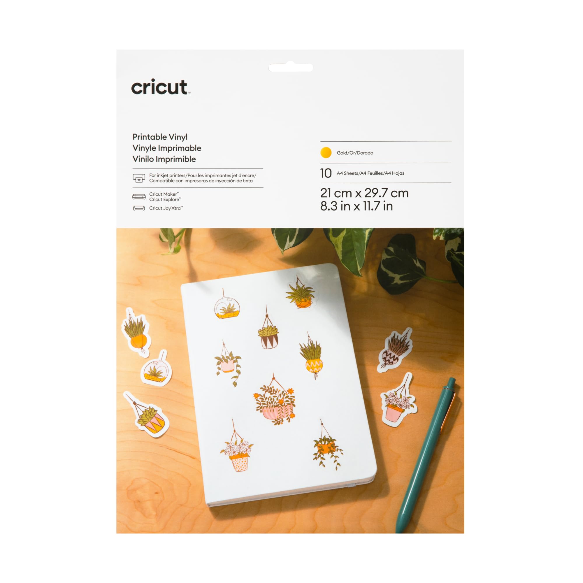 CC-2010364 2010364 - Cricut Printable Vinyl Gold 10 sheets 21x29.7cm; Requires inkjet printer; Compatible with Cricut Maker® machines, Cricut Explore® 3, and Cricut Joy Xtra - Image 1