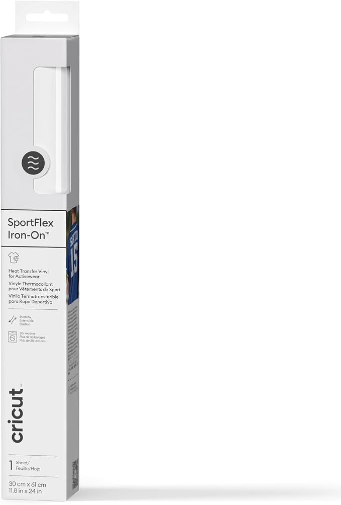 CC-2011322 2011322 - Cricut SportFlex Iron-On 28x60cm (White); 1 roll 11.8 in x 2 ft (30 cm x 0.61 m); Made specifically for polyester and nylon activewear; Stretches & flexes with yoga pants, jumpers & more; CPSIA-compliant; Lead- and phthalate-free; Outlasts 30+ washes; Optimised for Cricut™ cutting machines & heat presses - Image 1