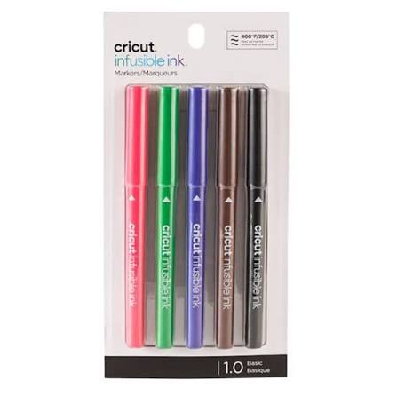 CC-INFUSIBLE-INK-MED-PP-5PK-BSC 2006256 - Cricut Explore/Maker Infusible Ink Medium Point Pen Set 5-pack (Basics) 1.0mm; 5 medium point (1.0) markers in Cardinal, Black, Ultraviolet, Tawny, Bright Green; Produces vibrant, pro-quality transfers that last a lifetime; Requires compatible Infusible Ink blank (sold separately) and Cricut EasyPress™ 2 or heat press that reaches 400°F (205°C); Transferred inks never flake, peel, crack, or wrinkle - Image 1