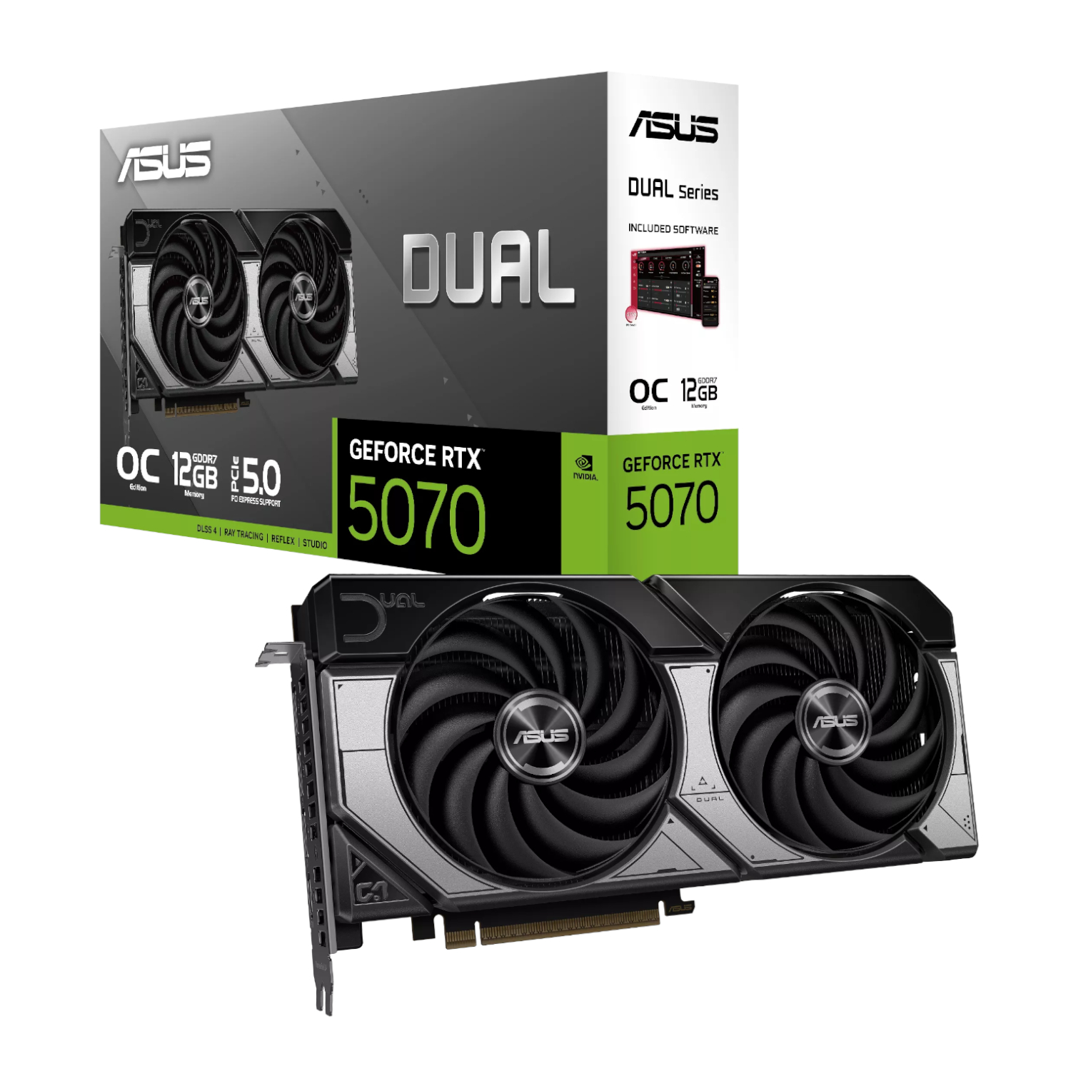 DUAL-RTX5070-O12G_ASUS-Dual-GeForce-RTX-5070-12GB-GDDR7-OC-Edition-Graphics-Card_wr_01a ASUS Nvidia Geforce RTX 5070 Dual OC 12GB GDDR7 Graphics Cards - Image 1