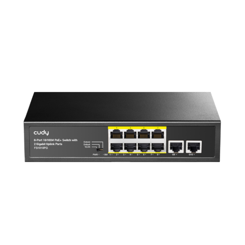 FS1010PG_wr_01 Cudy 8-Port Fast Ethernet 10/100M Unmanaged PoE+ Switch with 2 Gigabit Uplink Ports 120W - Desktop - Image 1
