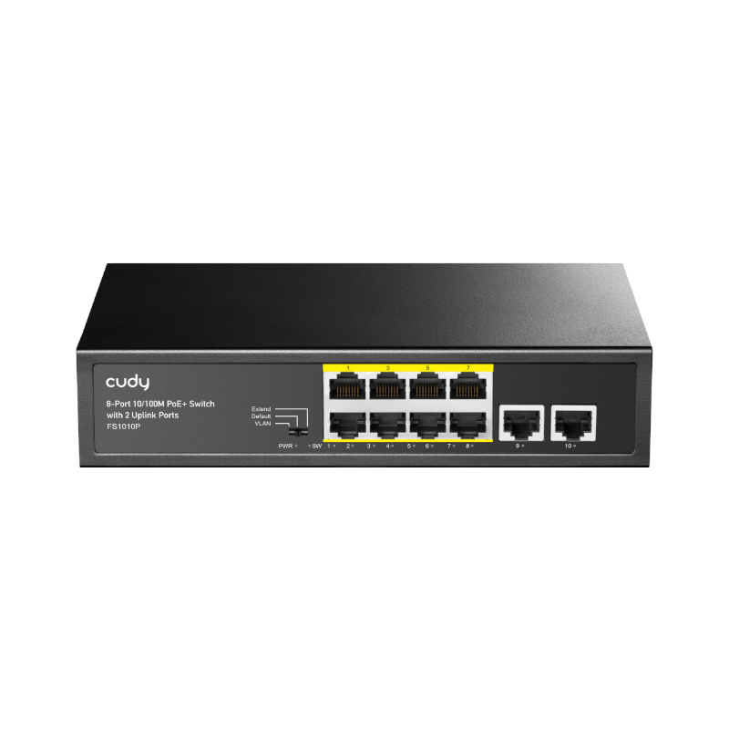 FS1010P_wr_01 Cudy 8-Port Fast Ethernet 10/100M Unmanaged PoE+ Switch with 2 Uplink Ports 120W - Desktop - Image 1