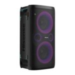 HISENSE HP100 Party Rocker; 300W Max Audio Power; 15 Hours Long-lasting Battery; 5 Lighting Effects; Karaoke Mode; Wireless Charge; 5 DJ Effects; IPX4 Waterproof on Top Panel; LED Display; FM Built-in; Bluetooth 5.0