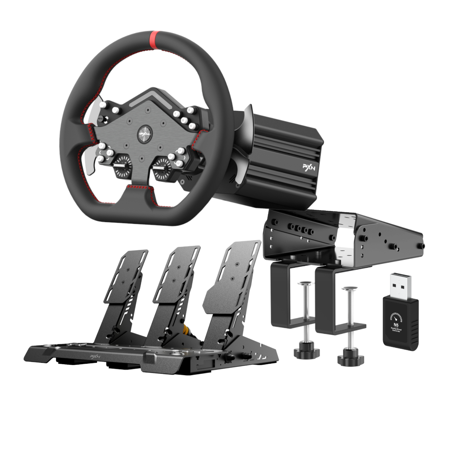 PXN_PXN-V12LITE-BUNDLE_wr_01a PXN V12 Lite Direct Drive Bundle 6nm FFB, WDS drive racing wheel, DDL Base, PD HM Pedals, Z9 Desktop Clamp Plus, N5 - Image 1
