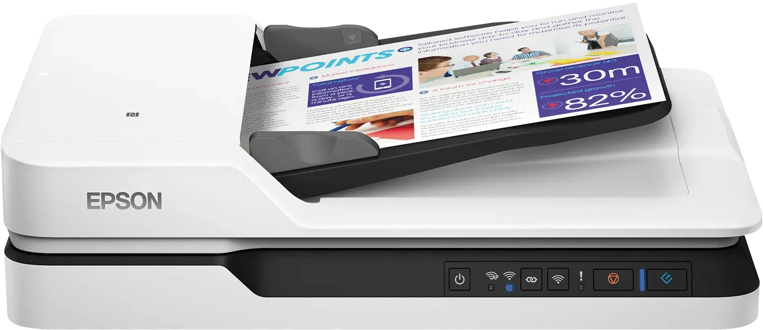 Epson WorkForce DS-1660W Flatbed Scanner; Smallest footprint in its class; Scan books, bound documents, passports and delicate items; one-touch scanning to folders, email, online storage accounts; A4, Flatbed & SheetFeed Scanner, 600 dpi x 600 dpi (Horizontal x Vertical), Mono 25ppm / Colour 25ppm, 50 sheets, 1500 page Daily Duty Cycle, 50g-120g Media, USB 3.0, Wireless LAN IEEE 802.11a/b/g/n, Wi-Fi Direct, Ethernet Interface (1000 Base-T/ 100-Base TX/ 10-Base-T) (optional), Duplex Scan. What's in the box: Main unit, Power cable, Setup guide, Software (CD), USB cable, Warranty Documents. Warranty 1 Year Carry-in