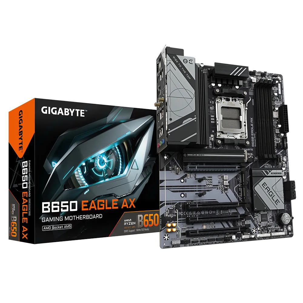 GIGABYTE B650E Eagle ax - AMD B650 Chipset: Socket AM5, Support AMD Ryzen™ 7000 Series Processors Memory : 4x DDR5 DIMM Slots (192GB Max / 7600MHz) Expansion Slots : 1x PCI-Express 4.0 (x16 Speed), 3x PCI-Express 3.0 (x1 Speed), The PCIEX16 slot can only support a graphics card or an NVMe SSD. If only one graphics card is to be installed, be sure to install it in the PCIEX16 slot Storage and USB : 4x SATA 3 (6 Gb/s), 3x M.2 Socket 3 Connector, Supports RAID 0,1,10, 1x USB Type C (Back), 4x USB 3.2 Ports (2x Back, 2x Cable), 8x USB2.0 Ports (2X Back, 6x Cable) Misc. : 7.1 Channel High Definition Audio, Realtek® GbE LAN chip (1 Gbps/100 Mbps/10 Mbps), Realtek® Wi-Fi 6E RTL8852CE, BLUETOOTH 5.3 Rear IO Panel Display Ports Available: 1x HDMI, 1x DP