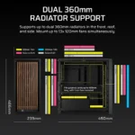 Corsair FRAME 4000D RS Wood Modular High Airflow Mid-Tower PC Case, 4x 2.5" Drive Bays, 2x 3.5" Drive Bays Fan layout: Front 3x 120mm/2x 140mm/2x 200mm, Top 3x 120mm/2x 140mm, Rear 1x 120mm/140mm, Side 3x 120mm, 2x 140mm, PSU Shroud: 2x 120mm. 3x RS Fans Included 2x USB 3.2 Gen1 Type-A, 1x USB 3.2 Gen2 Type-C Colour: Black & Walnut Mini-ITX, Micro-ATX, ATX, EATX - Image 10