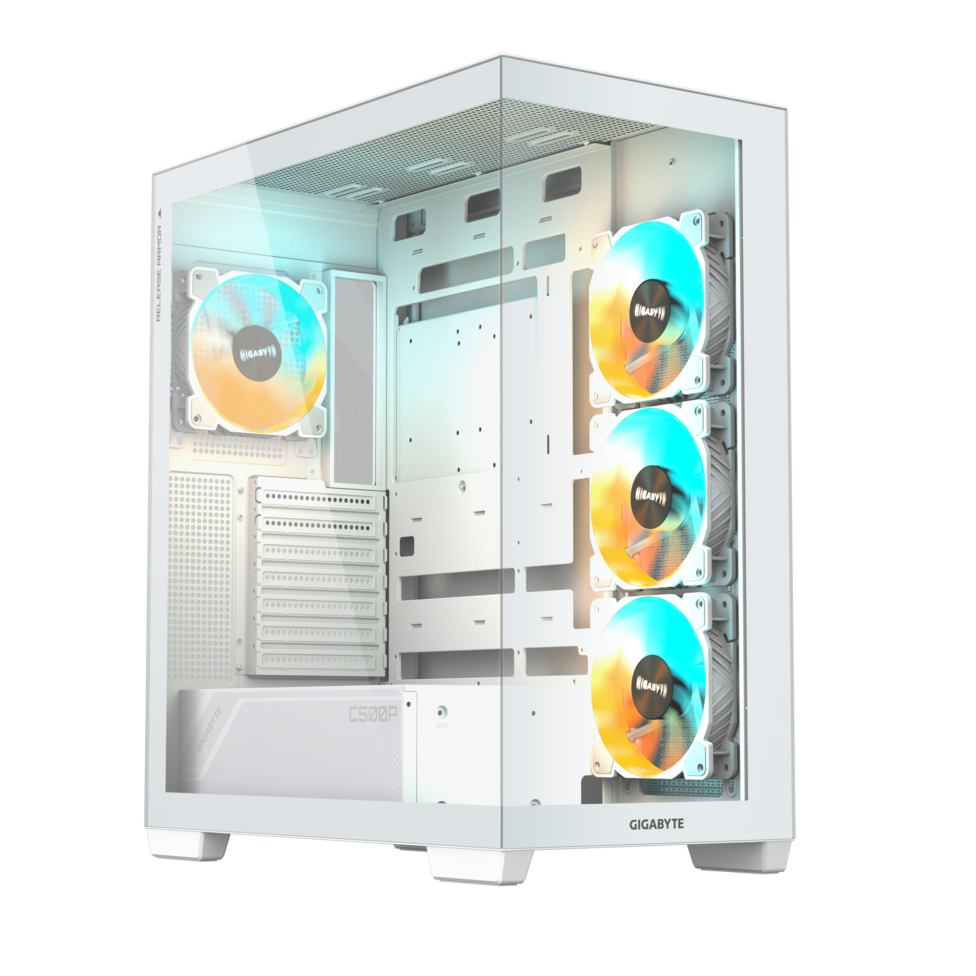 Gigabyte C500 PANORAMIC STEALTH PC Case – Supports rear connector motherboards 2 x 3.5” / 1 x 2.5′ Fan layout:Top: 120mm x 3 or 140mm x2, Rear: 120mm x 1 or 140mm x1, Bottom 120mm x3, Side 120mm x3. 4x 120mm Fans Included USB 3.1 Gen2 Type-C x1, USB 3.0 x2 Colour: White Mini ITX / Micro ATX / ATX Gigabyte C500 PANORAMIC STEALTH PC Case - Supports rear connector motherboards 2 x 3.5'' / 1 x 2.5' Fan layout:Top: 120mm x 3 or 140mm x2, Rear: 120mm x 1 or 140mm x1, Bottom 120mm x3, Side 120mm x3. 4x 120mm Fans Included USB 3.1 Gen2 Type-C x1, USB 3.0 x2 Colour: White Mini ITX / Micro ATX / ATX - Image 1