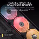 FRAME 4500X LX-R RGB LINK Panoramic Glass Mid-Tower PC Case 4x 2.5" , 2x 3.5" Drive Bays Fan layout: Front 3x 120mm (Incl)/2x 140mm/2x 200mm, Radiator tray 3x 120mm/2x 140mm, Rear 1x 120mm/2x140mm, Bottom: 2x 120mm, Top 3x120mm/2x140mm iCUE LINK System Hub included for full digital control of connected devices (1x) USB 3.2 Gen 2 Type-C, (2x) USB 3.2 Gen 1 Type-A, (1x) Audio in/out Mini-ITX, Micro-ATX, ATX, E-ATX Colour: Black - Image 7