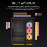 FRAME 4500X LX-R RGB LINK Panoramic Glass Mid-Tower PC Case 4x 2.5" , 2x 3.5" Drive Bays Fan layout: Front 3x 120mm (Incl)/2x 140mm/2x 200mm, Radiator tray 3x 120mm/2x 140mm, Rear 1x 120mm/2x140mm, Bottom: 2x 120mm, Top 3x120mm/2x140mm iCUE LINK System Hub included for full digital control of connected devices (1x) USB 3.2 Gen 2 Type-C, (2x) USB 3.2 Gen 1 Type-A, (1x) Audio in/out Mini-ITX, Micro-ATX, ATX, E-ATX Colour: Black - Image 2
