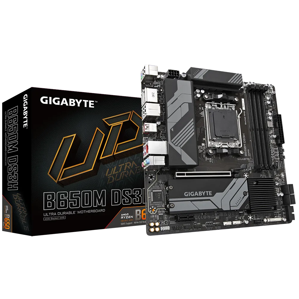 ga-b650m-ds3h_j0ai GIGABYTE B650M DS3H - AMD B650 Chipset: Socket AM5, Support AMD Ryzen™ 7000 Series Processors Memory : 4x DDR5 DIMM Slots (128GB Max / 6400MHz) Expansion Slots : 1x PCI-Express 4.0 (x16 Speed), 1x PCI-Express 3.0 (x1 Speed) Storage and USB : 4x SATA 3 (6 Gb/s), 2x M.2 Socket 3 Connector, Supports RAID 0,1,10, 2x USB Type C (1x Back, 1x Cable), 5x USB 3.2 Ports (3x Back, 2x Cable), 8x USB2.0 Ports (4x Back, 4x Cable) Misc. : 7.1 Channel High Definition Audio, 1x Realtek 2.5 GBE Lan (2.5 Gbit/1 Gbit/100 Mbit) Rear IO Panel Display Ports Available: 1x HDMI, 2x DP - Image 1