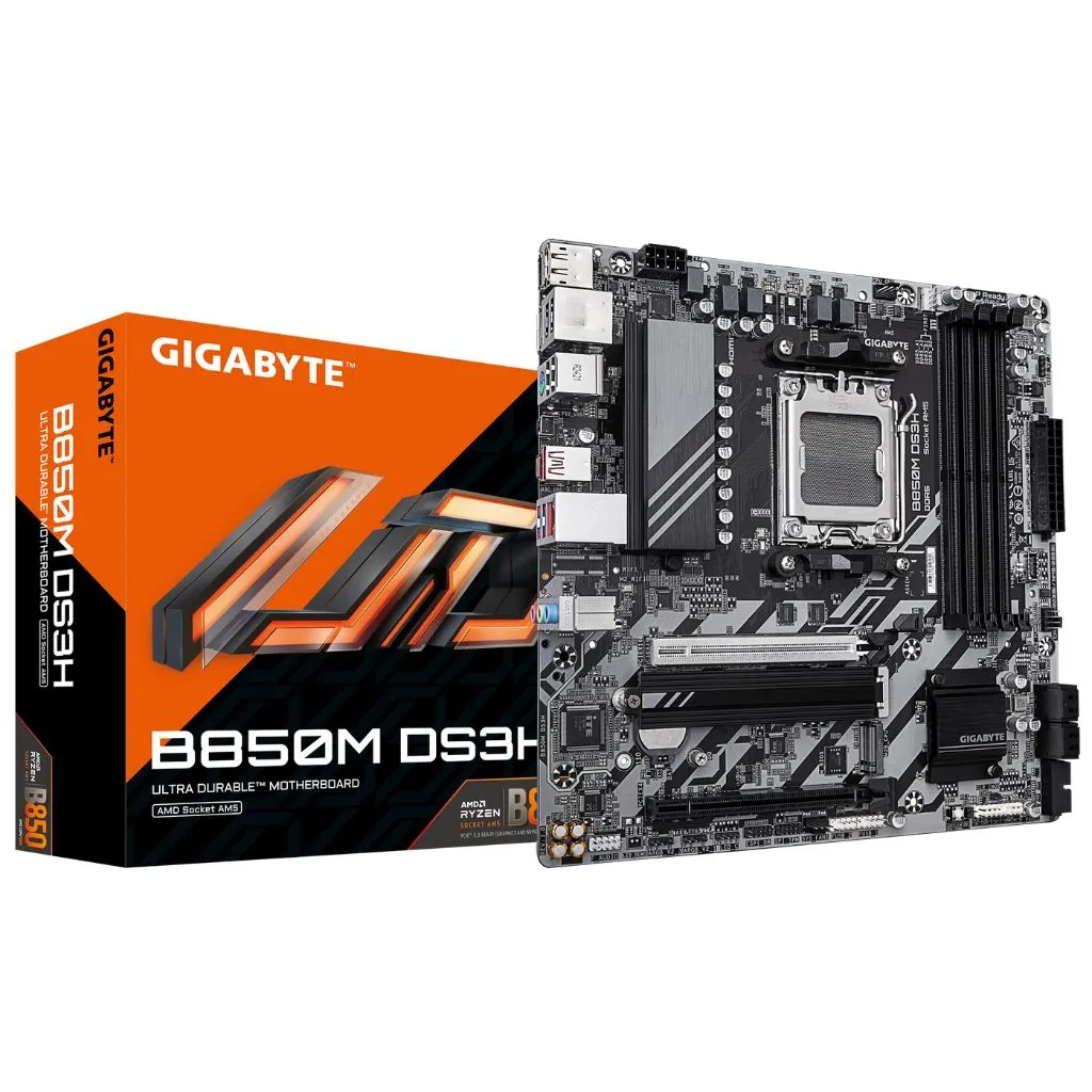 ga-b850m-ds3h_wuhr GIGABYTE B850M - AMD B850 Chipset: Socket AM5, Support AMD Ryzen™ 7-9000 Series Processors Memory : 4x DDR5 DIMM sockets supporting up to 256 GB Expansion Slots : 1 x PCIe 5.0 x16 , 1 x PCIe 3.0 x4 Storage and USB : 4 x SATA 6Gb/s, 1 x M.2 Gen 5 , 1 x M.2 Gen 4, 5 x USB 3.2 (3x Back), 2 x USB Type C, 5x USB2 (2x Back) Rear IO Panel Display Ports Available: 2x DP 1x HDMI - Image 1
