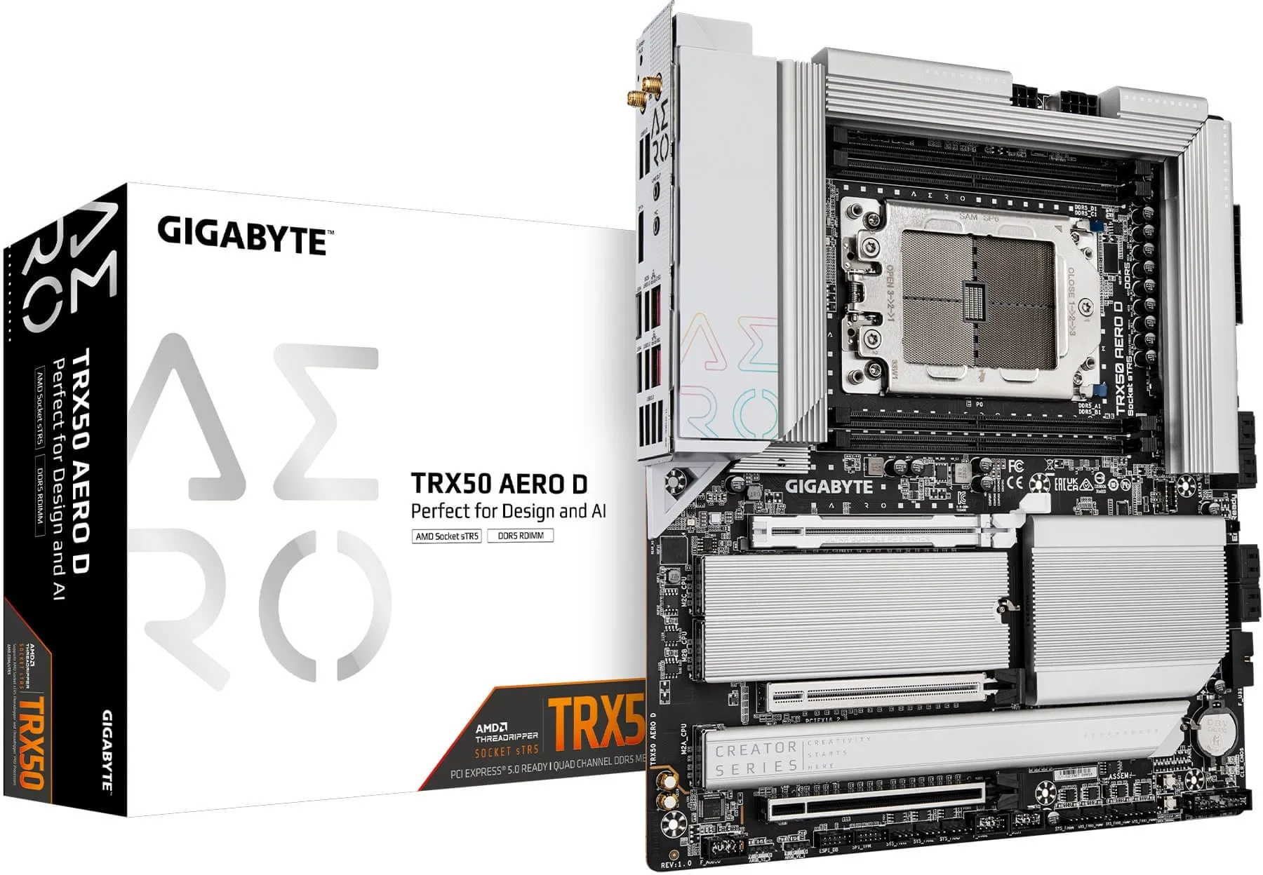 ga-trx50-aero-d_uajm GIGABYTE TRX50 AERO D - Supports AMD Ryzen™ Threadripper™ PRO 7000 series/ Ryzen™ Threadripper™ 7000 series Processors Memory : Quad Channel DDR5?4*SMD R-DIMMs with AMD EXPO™ & Intel® XMP Memory Module Support Expansion Slots : 1 x PCIe 5.0 x16 with PCIe UD Slot X, 1 x PCIe 5.0 x16, 1 x PCIe 4.0 x16 Storage and USB : 3 x M.2 Gen 5 M.2 UD, 1 x M.2 Gen 4 M.2 Slot, 4 x USB 3.2 Gen 2, 4 x USB 3.2 Gen 1, 2x USB4® USB Type-C® Misc. : Realtek ALC4080 + ALC897 Audio, Wi-Fi 7 with Ultra-high gain Antenna, 10 GbE LAN + 2.5 GbE LAN Rear IO Panel Display Ports Available: 1x DP - Image 1