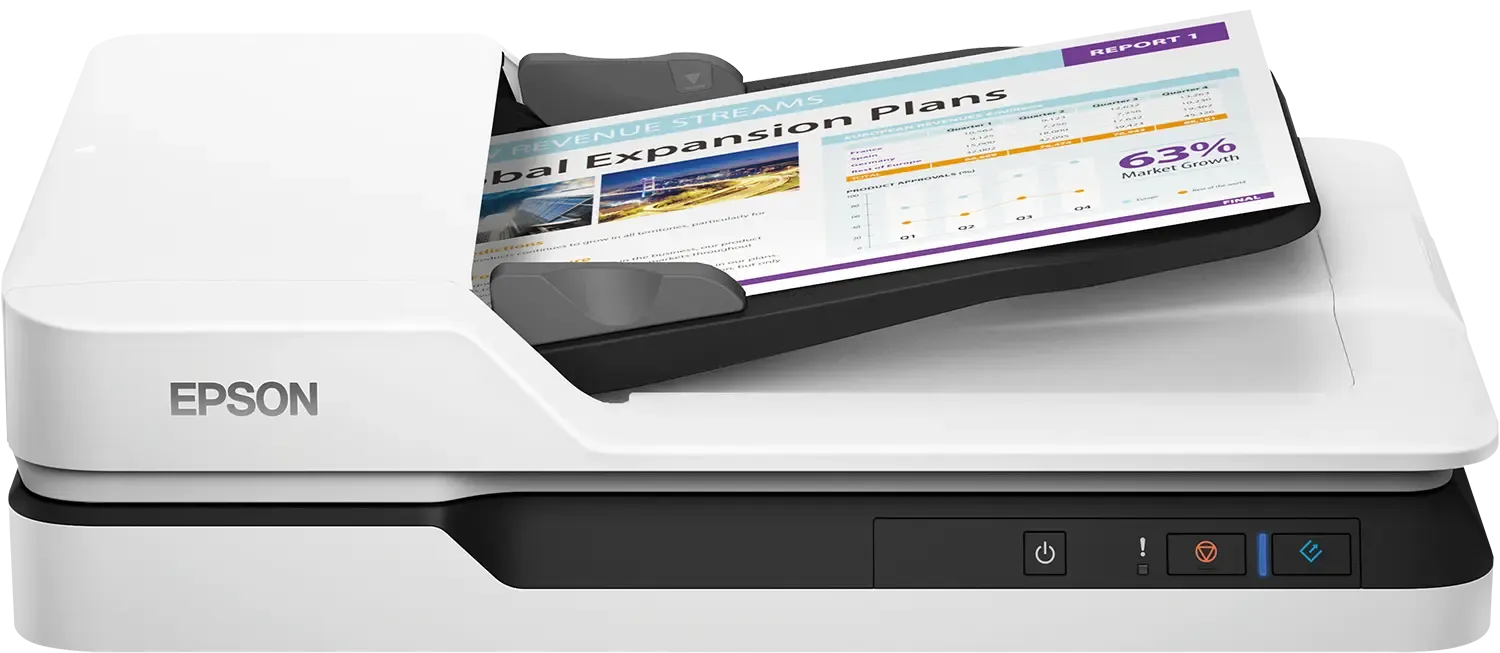 Epson WorkForce DS-1630 flatbed scanner; Smallest footprint in its class; Scan books, bound documents, passports and delicate items; A4, Flatbed & SheetFeed Scanner, 600 dpi x 600 dpi (Horizontal x Vertical), Mono 25ppm / Colour 25ppm, 50 sheets, 1500 page Daily Duty Cycle, 50g-120g Media, USB 3.0, Ethernet Interface (1000 Base-T/ 100-Base TX/ 10-Base-T) (optional), Duplex Scan. What's in the box: Main unit, Power cable, Setup guide, Software (CD), USB cable, Warranty Documents. Warranty 1 Year Carry-in