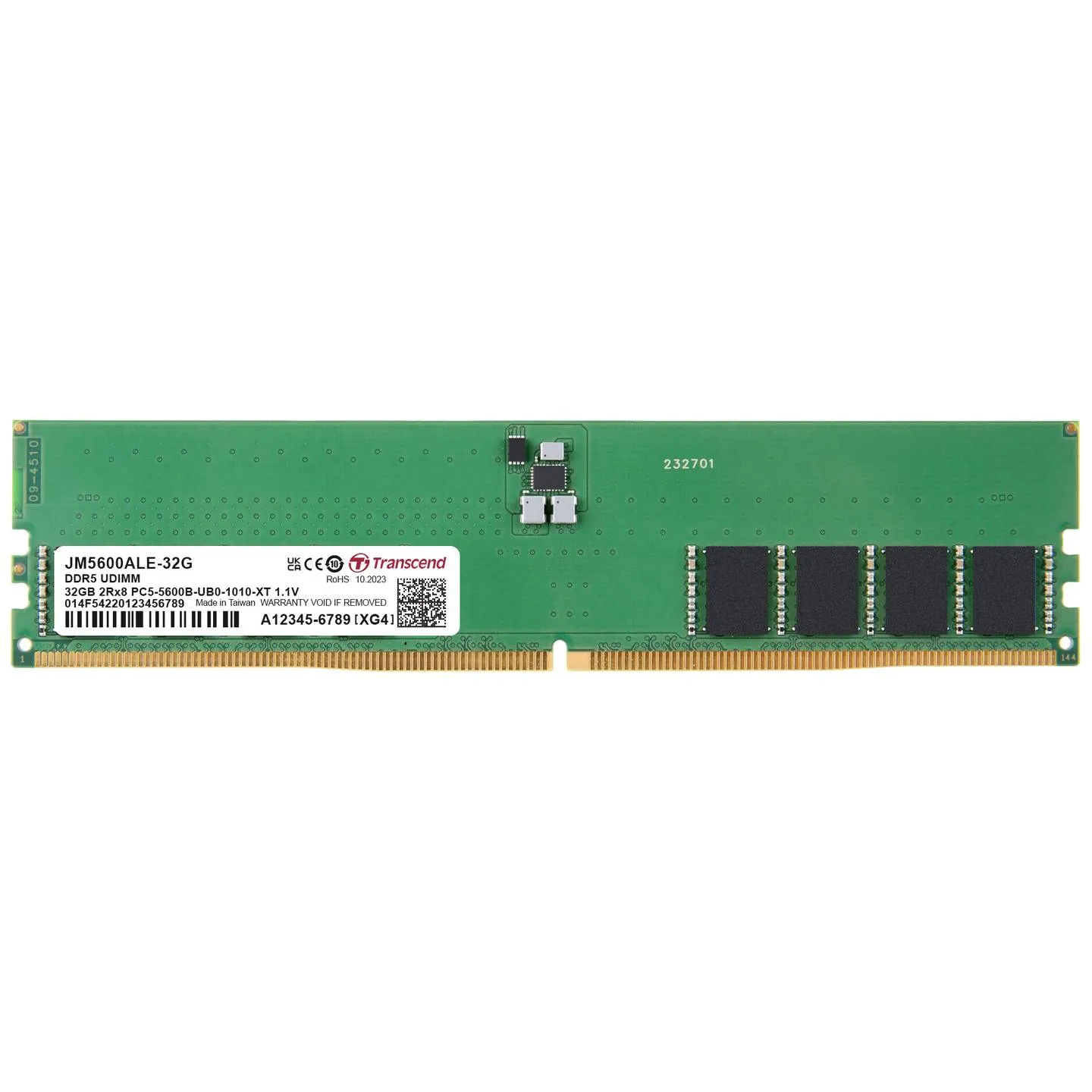 jm5600ale-32g_q72p TRANSCEND JET MEMORY 32GB DDR5-5600 Unbuffered DESKTOP Long-DIMM 2RX8 CL46 (2Gx8)x16 - Image 1