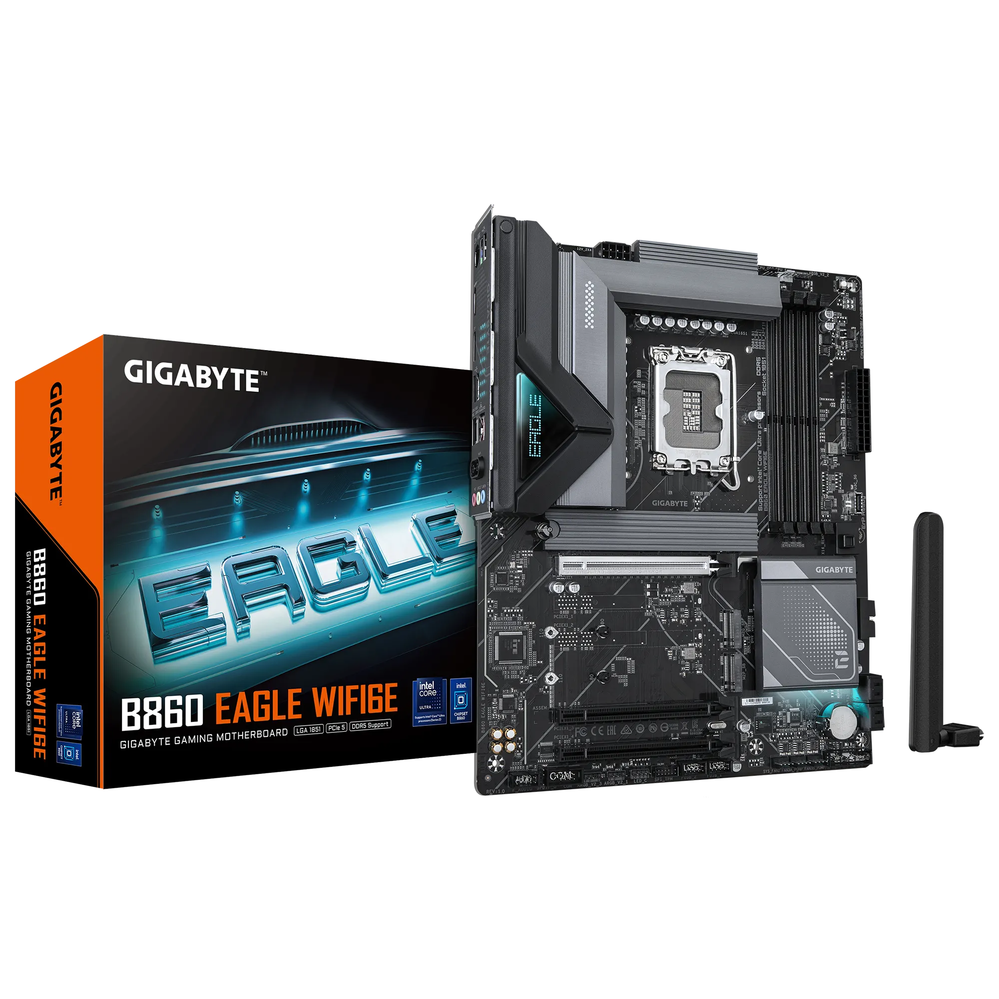 GIGABYTE B860 EAGLE - B860 Express Chipset: Socket LGA1851, Supports Intel Core Ultra Processors Memory : 4x Dual Channel DDR5 DIMM Slots (256GB Max ) Expansion Slots : 1x PCI-Express 5.0 (x16 Speed), 2x PCI-Express 4.0 (x4 Speed) Storage and USB : 4x SATA 6 Gb/s connection, 1x M.2 Gen5, 2x M.2 Gen4, 3x USB 3.2 (1x Back), 8x USB 2.0 Ports (4x Back), 2x USB-C Misc. :WIFI a, b, g, n, ac, ax, supporting 2.4/5/6 GHz, BLUETOOTH 5.3 Rear IO Panel Display Ports Available: 1x DP, 1x HDMI