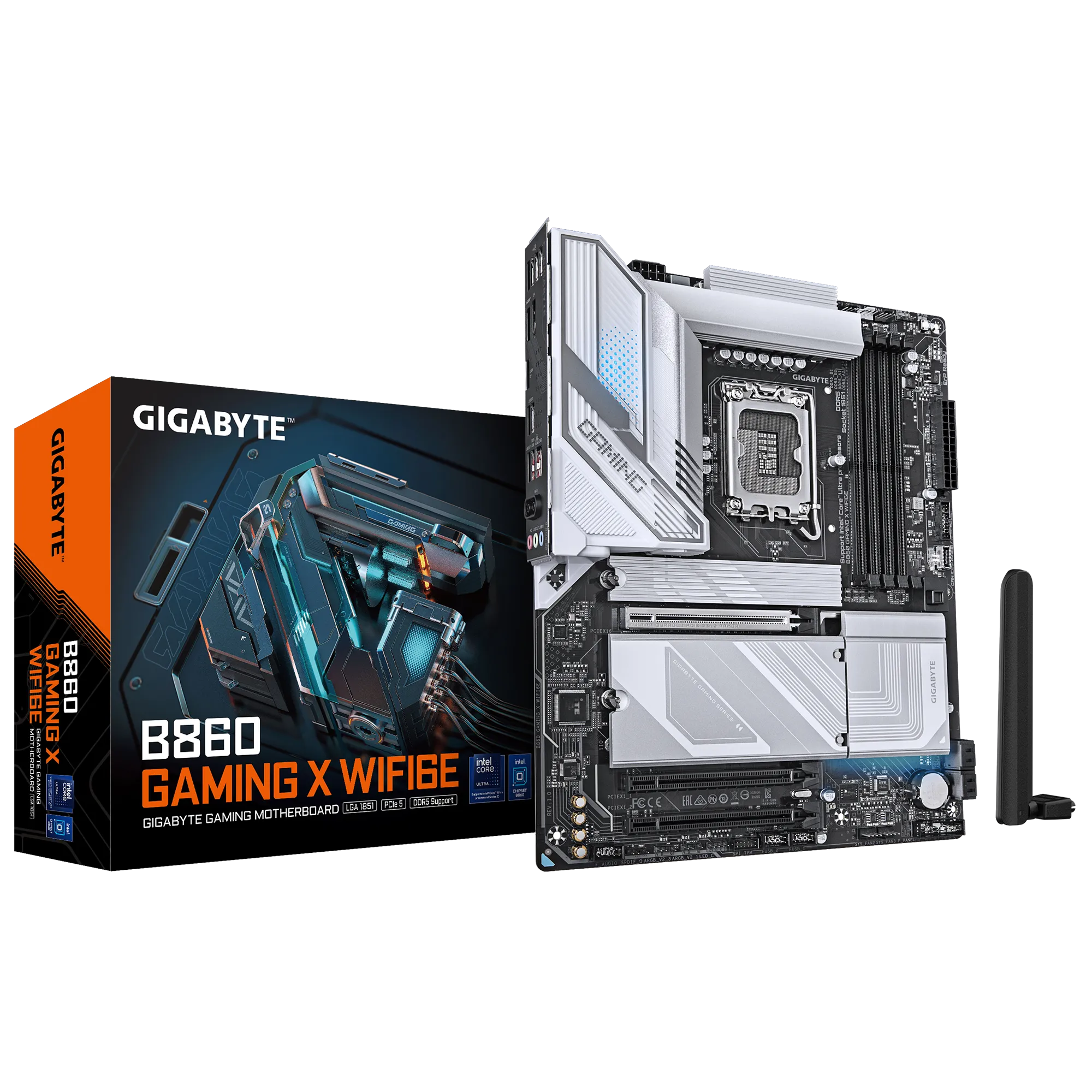 GIGABYTE B860 GAMING X - B860 Express Chipset: Socket LGA1851, Supports Intel Core Ultra Processors Memory : 4x Dual Channel DDR5 DIMM Slots (256GB Max ) Expansion Slots : 1x PCI-Express 5.0 (x16 Speed), 2x PCI-Express 4.0 (x4 Speed) Storage and USB : 4x SATA 6 Gb/s connection, 1x M.2 Gen5, 2x M.2 Gen4, 5x USB 3.2 (3x Back), 9x USB 2.0 Ports (5x Back), 1x USB-C, 1x USB4 Misc. :WIFI a, b, g, n, ac, ax, supporting 2.4/5/6 GHz, BLUETOOTH 5.3 Rear IO Panel Display Ports Available: 1x DP, 1x HDMI,