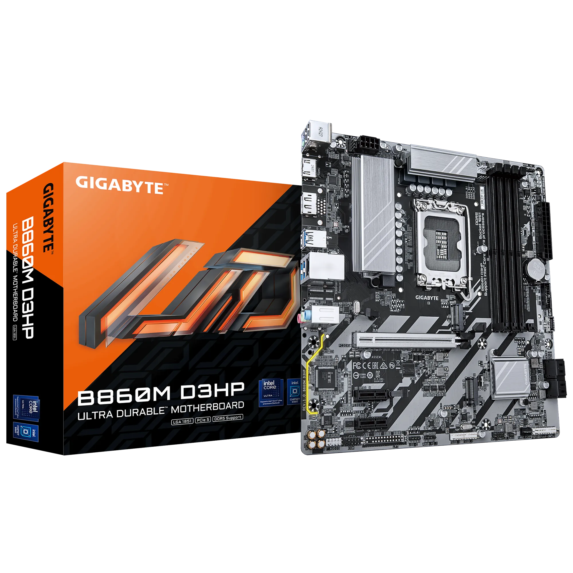 GIGABYTE B860M - B860 Express Chipset: Socket LGA1851, Supports Intel Core Ultra Processors Memory : 4x Dual Channel DDR5 DIMM Slots (256GB Max ) Expansion Slots : 1x PCI-Express 5.0 (x16 Speed), 2x PCI-Express 4.0 (x4 Speed) Storage and USB : 4x SATA 6 Gb/s connection, 1x M.2 Gen5, 1x M.2 Gen4, 5x USB 3.2 (3x Back), 7x USB 2.0 Ports (4x Back), 1x USB-C Rear IO Panel Display Ports Available: 1x DP, 1x HDMI