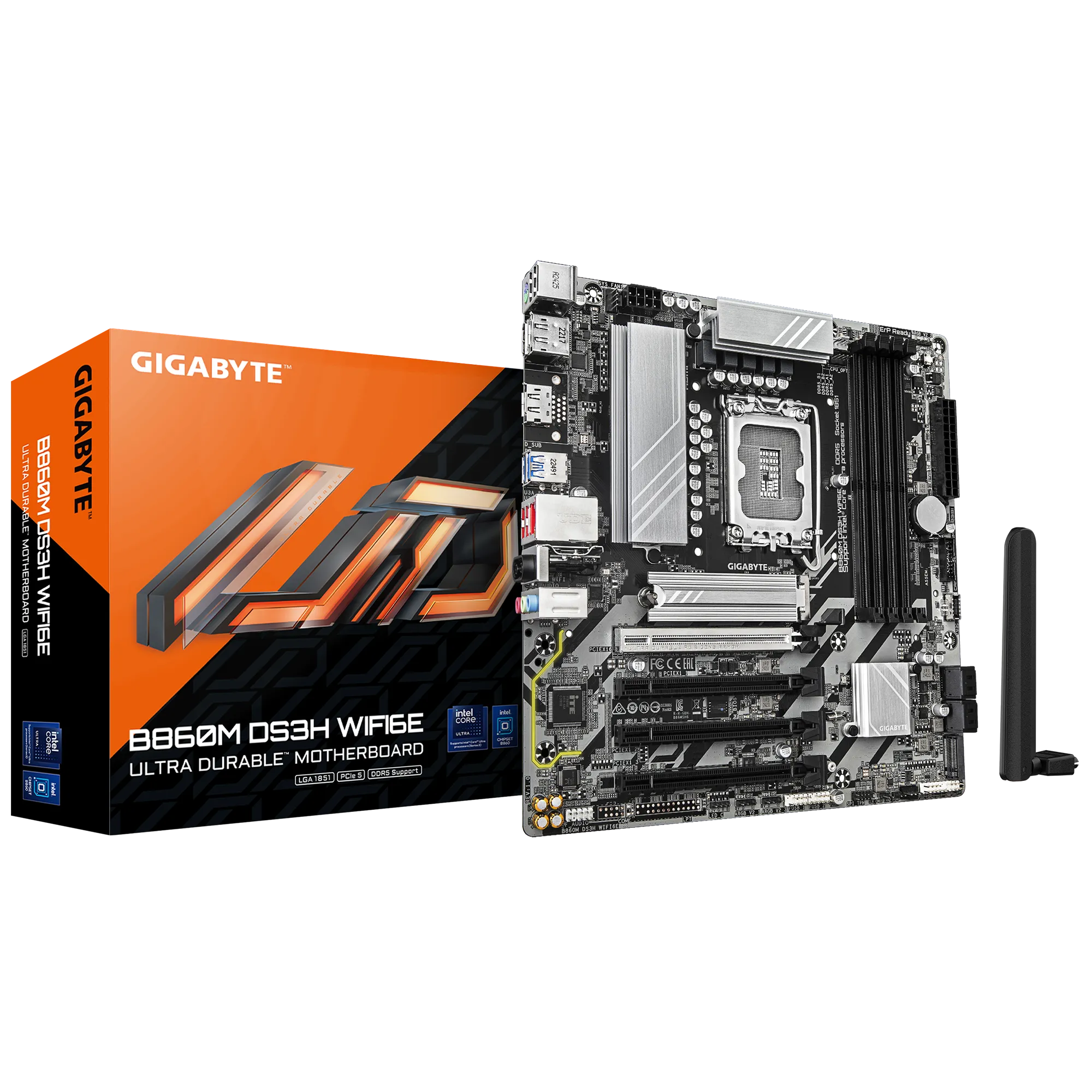 GIGABYTE B860M - B860 Express Chipset: Socket LGA1851, Supports Intel Core Ultra Processors Memory : 4x Dual Channel DDR5 DIMM Slots (256GB Max ) Expansion Slots : 1x PCI-Express 5.0 (x16 Speed), 3x PCI-Express 4.0 (x4 Speed) Storage and USB : 4x SATA 6 Gb/s connection, 1x M.2 Gen5, 1x M.2 Gen4, 5x USB 3.2 (3x Back), 7x USB 2.0 Ports (4x Back), 1x USB-C Misc WIFI a, b, g, n, ac, ax, supporting 2.4/5/6 GHz , BLUETOOTH 5.3 Rear IO Panel Display Ports Available: 2x DP, 1x HDMI