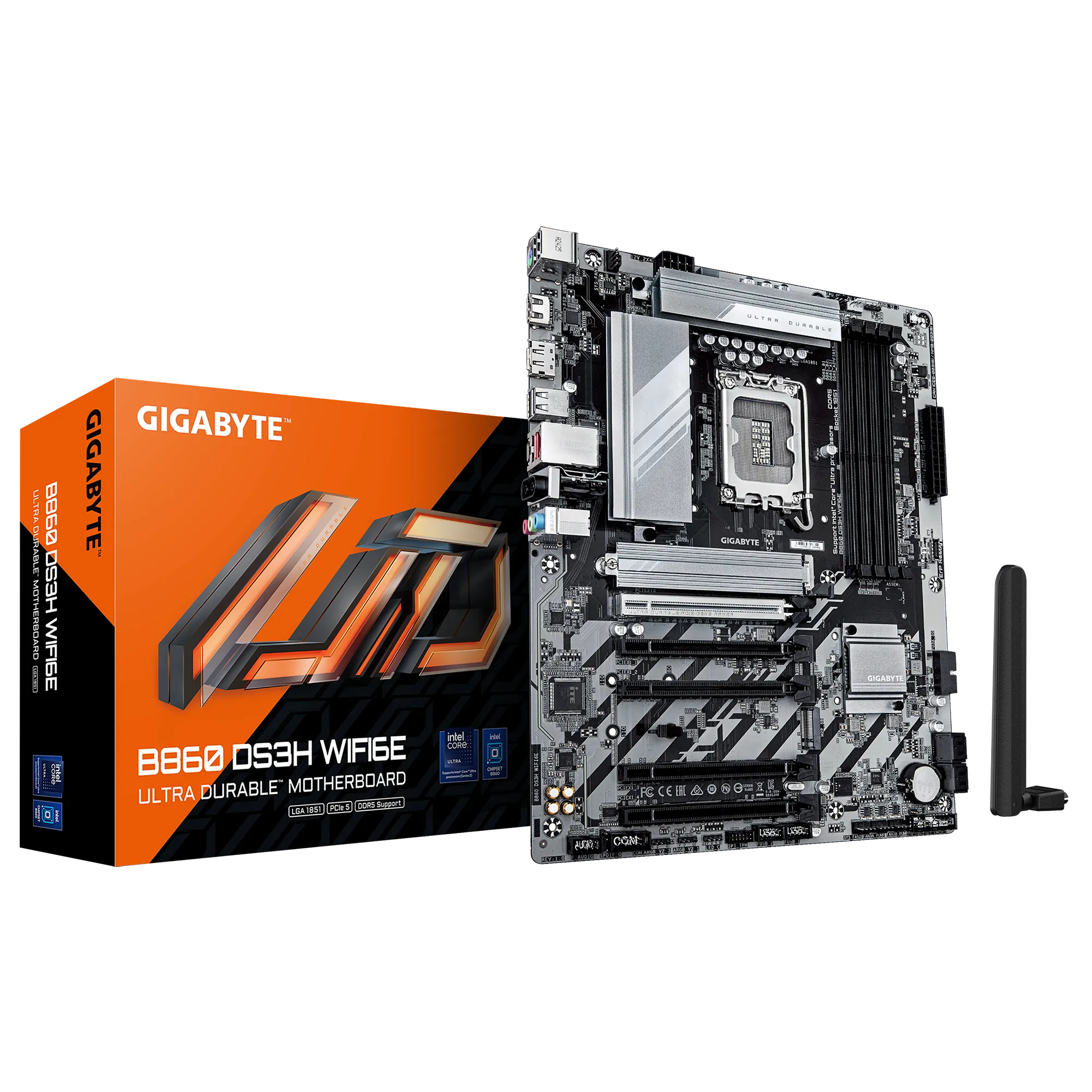 png_olxy GIGABYTE B860 - B860 Express Chipset: Socket LGA1851, Supports Intel Core Ultra Processors Memory : 4x Dual Channel DDR5 DIMM Slots (256GB Max ) Expansion Slots : 1x PCI-Express 5.0 (x16 Speed), 4x PCI-Express 4.0 (x4 Speed) Storage and USB : 4x SATA 6 Gb/s connection, 1x M.2 Gen5, 1x M.2 Gen4, 3x USB 3.2 (1x Back), 8x USB 2.0 Ports (4x Back), 2x USB-C Misc. :WIFI a, b, g, n, ac, ax, supporting 2.4/5/6 GHz, BLUETOOTH 5.3 Rear IO Panel Display Ports Available: 1x DP, 1x HDMI - Image 1