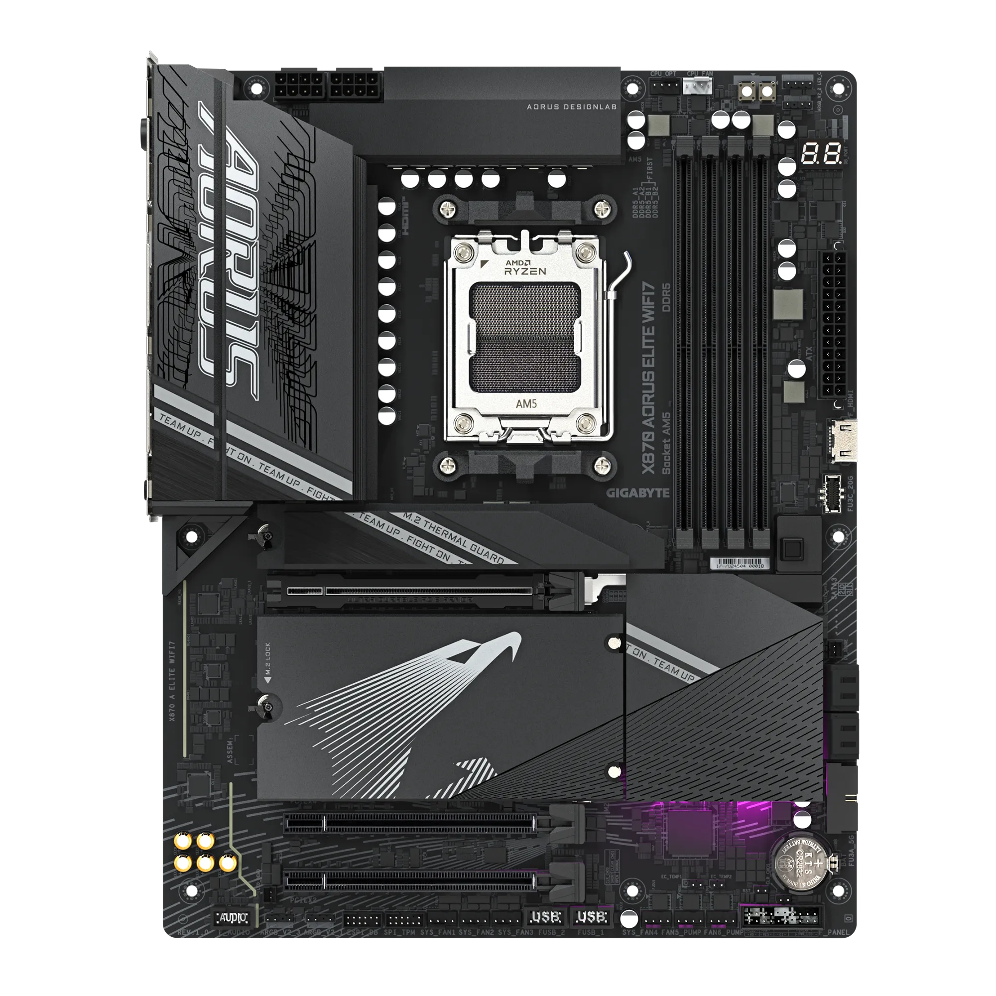 GIGABYTE X870 AORUS ELITE WIFI7 - AMD X870 Chipset: Socket AM5 Supports AMD Ryzen™ 9000 / 8000 / 7000 Series Processors Memory : 4x DDR5 DIMM Slots (256GB Max / 8000MHz) Expansion Slots : 1x PCI-Express 5.0/4.0 (x16 Speed), 1x PCI-Express 4.0 (x4 Speed), 1x PCI-Express 3.0 (x1 Speed), The PCIEX16 slot can only support a graphics card or an NVMe SSD. If only one graphics card is to be installed, be sure to install it in the PCIEX16 slot Storage and USB : 4x SATA 3 (6 Gb/s), 4x M.2 Socket 3 Connector,RAID 0, RAID 1, and RAID 10 support for SATA storage devices, 2 x USB4® USB Type-C® (2x Back), 2 x USB 3.2 Gen 2 Type-A, 6 x USB 3.2 Gen 1(4x Back), 8 x USB 2.0 (4x Back), 1 x USB Type-C® 3.2 (Cable) Misc. : MediaTek Wi-Fi 7 MT7925 802.11a, b, g, n, ac, ax, be, supporting 2.4/5/6 GHz carrier frequency bands, BLUETOOTH 5.4, 2/4/5.1/7.1-channel Audio Rear IO Panel Display Ports Available: 2x HDMI (1x back), 2x USB4® USB Type-C®