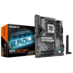 GIGABYTE X870 EAGLE WIFI7 - AMD X870 Chipset: Socket AM5 Supports AMD Ryzen™ 9000 / 8000 / 7000 Series Processors Memory : 4x DDR5 DIMM Slots (256GB Max / 8000MHz) Expansion Slots : 1x PCI-Express 5.0/4.0 (x16 Speed), 3x PCI-Express 3.0 (x1 Speed), The PCIEX16 slot can only support a graphics card or an NVMe SSD. If only one graphics card is to be installed, be sure to install it in the PCIEX16 slot Storage and USB : 4x SATA 3 (6 Gb/s), 3x M.2 Socket 3 Connector,RAID 0, RAID 1, RAID 5, and RAID 10 support for NVMe SSD storage devices, 3 x USB4® USB Type-C® (2x Back), 1 x USB 3.2 Gen 2 Type-A, 4 x USB 3.2 Gen 1(3x Back), 8 x USB 2.0 (4x Back) Misc. : MediaTek Wi-Fi 7 MT7925 802.11a, b, g, n, ac, ax, be, supporting 2.4/5/6 GHz carrier frequency bands, BLUETOOTH 5.4, 2/4/5.1/7.1-channel Audio Rear IO Panel Display Ports Available: 1x HDMI, 2x USB4® USB Type-C®