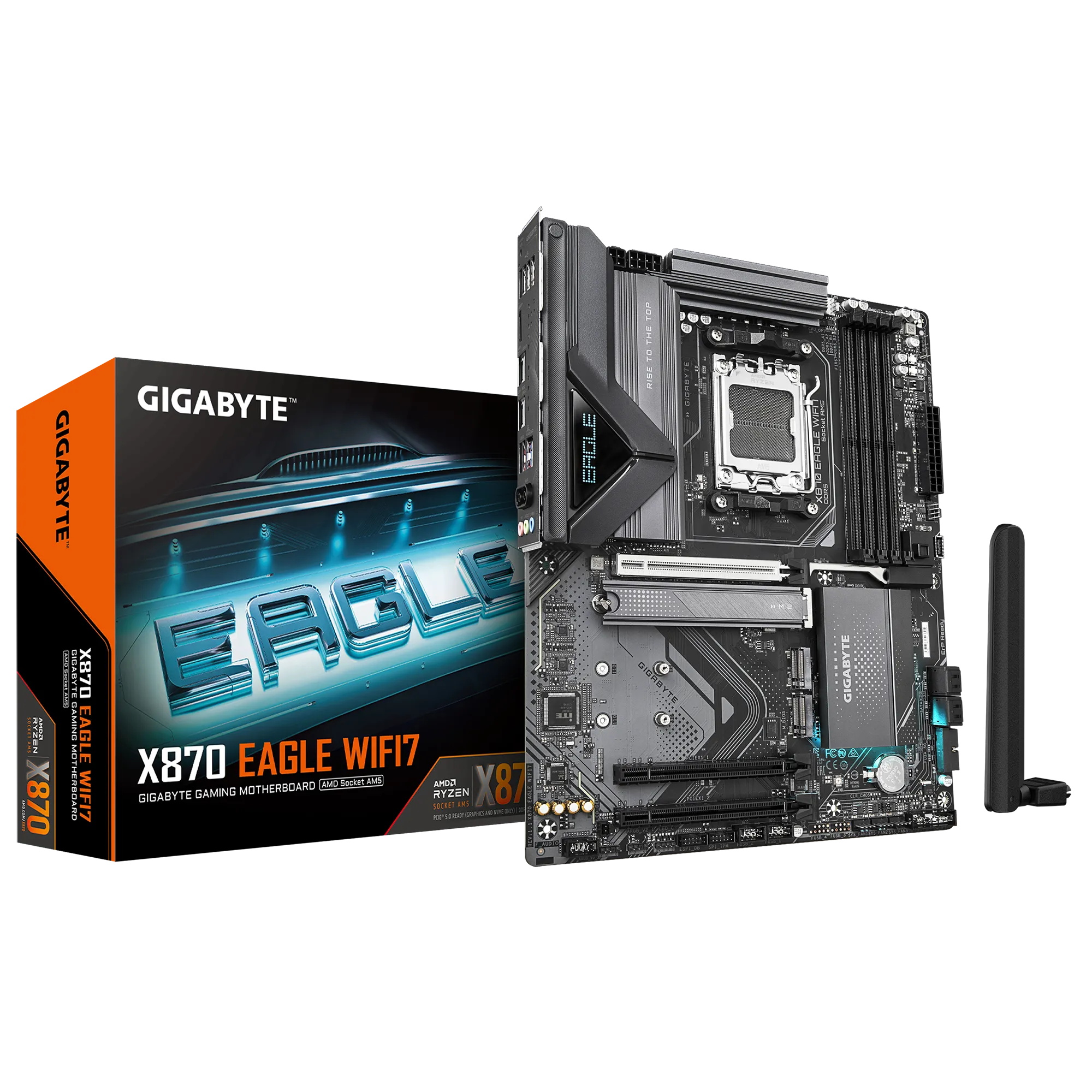 GIGABYTE X870 EAGLE WIFI7 - AMD X870 Chipset: Socket AM5 Supports AMD Ryzen™ 9000 / 8000 / 7000 Series Processors Memory : 4x DDR5 DIMM Slots (256GB Max / 8000MHz) Expansion Slots : 1x PCI-Express 5.0/4.0 (x16 Speed), 3x PCI-Express 3.0 (x1 Speed), The PCIEX16 slot can only support a graphics card or an NVMe SSD. If only one graphics card is to be installed, be sure to install it in the PCIEX16 slot Storage and USB : 4x SATA 3 (6 Gb/s), 3x M.2 Socket 3 Connector,RAID 0, RAID 1, RAID 5, and RAID 10 support for NVMe SSD storage devices, 3 x USB4® USB Type-C® (2x Back), 1 x USB 3.2 Gen 2 Type-A, 4 x USB 3.2 Gen 1(3x Back), 8 x USB 2.0 (4x Back) Misc. : MediaTek Wi-Fi 7 MT7925 802.11a, b, g, n, ac, ax, be, supporting 2.4/5/6 GHz carrier frequency bands, BLUETOOTH 5.4, 2/4/5.1/7.1-channel Audio Rear IO Panel Display Ports Available: 1x HDMI, 2x USB4® USB Type-C®